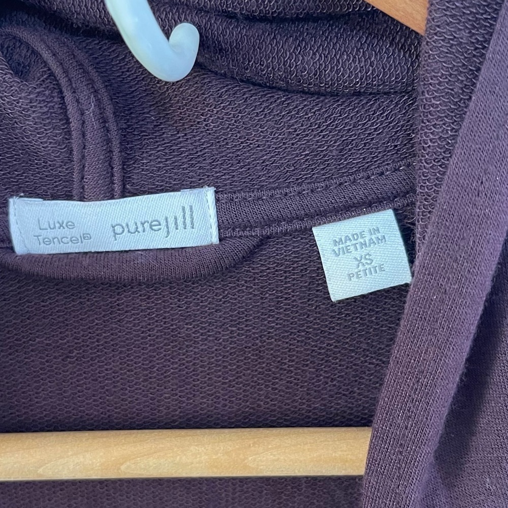 Women’s J.Jill Luxe Tencel burgundy colored hooded cardigan with pockets XS - Picture 4 of 5